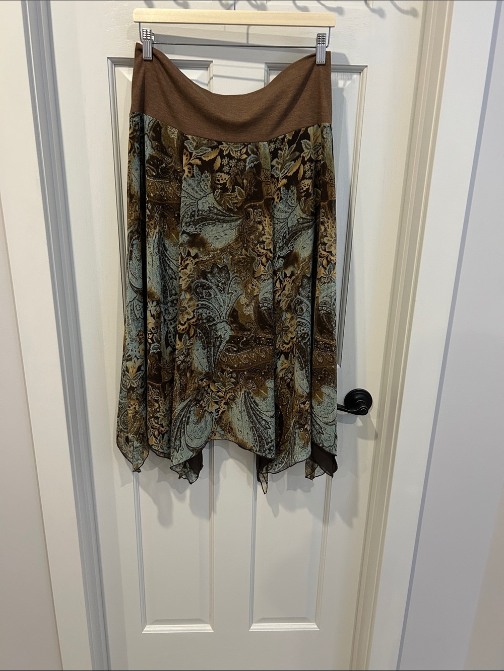 Brown Paisley Asymmetrical Midi Skirt with Stretch Waistband Melanie Lyme